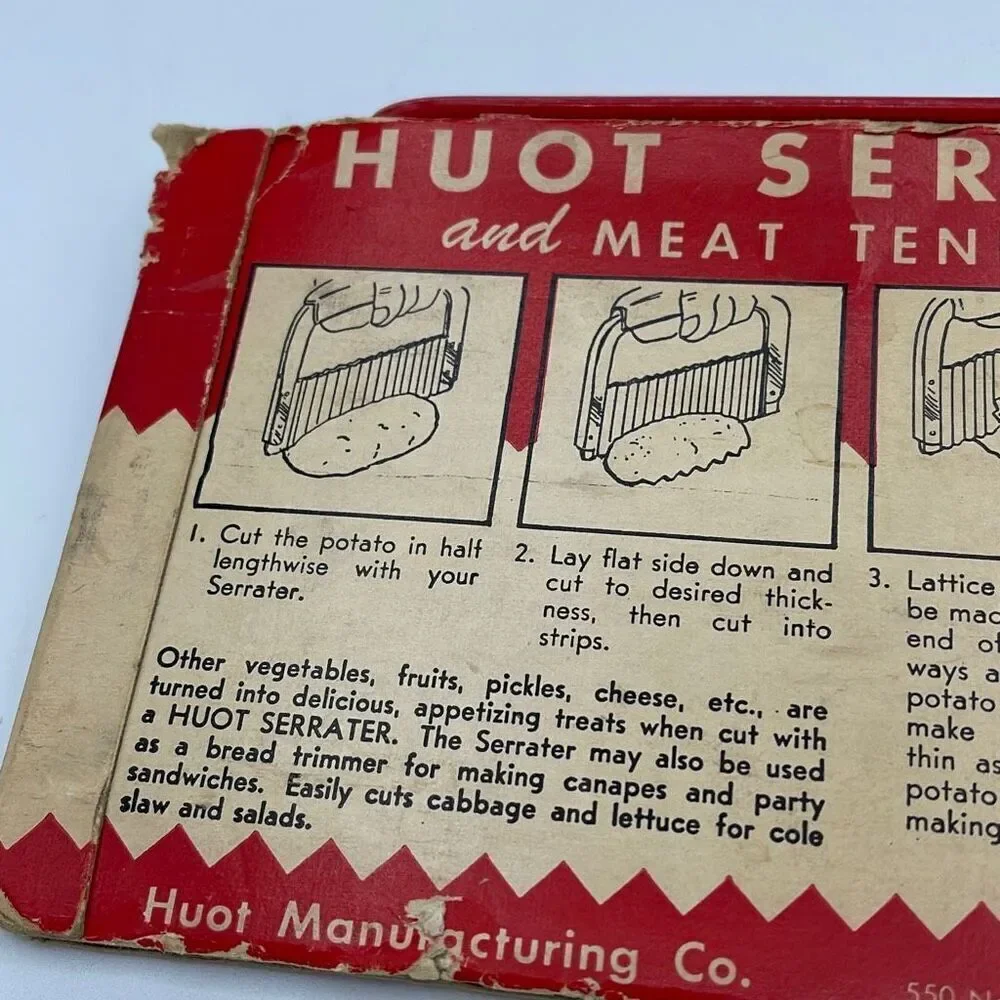 Vintage Huot Serrater and meat tenderizer in original packaging.